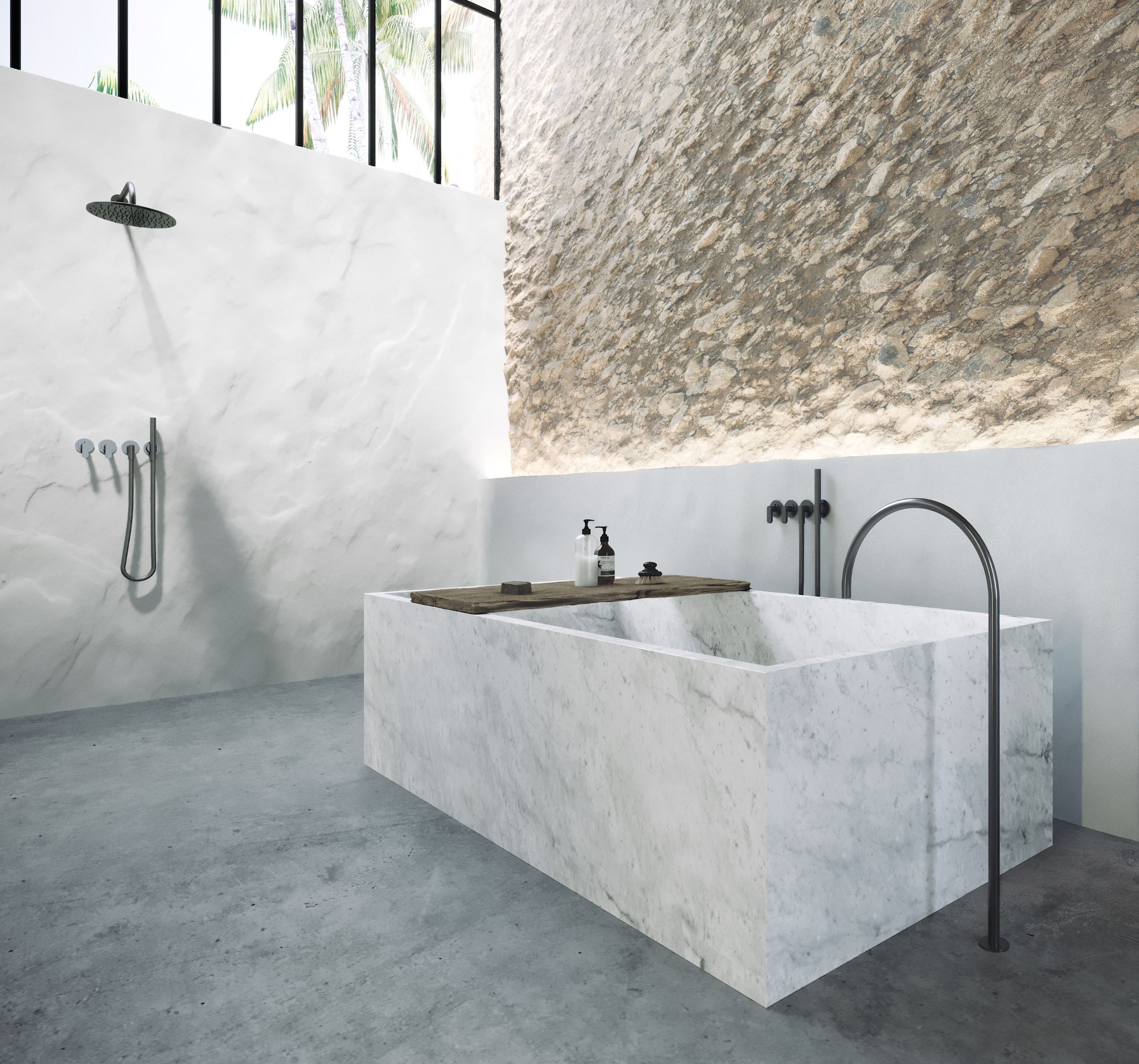 Shop the John Pawson Set 25 Thermostatic Complete Bath Set with Pencil Hand Shower, featured above in stainless steel.