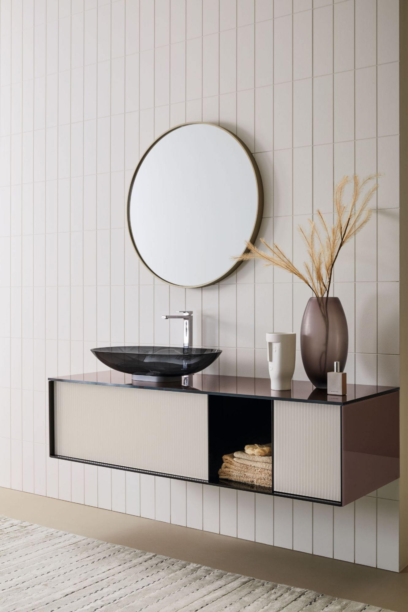 Quadra wall-hung vanity unit with fluted glass finish.