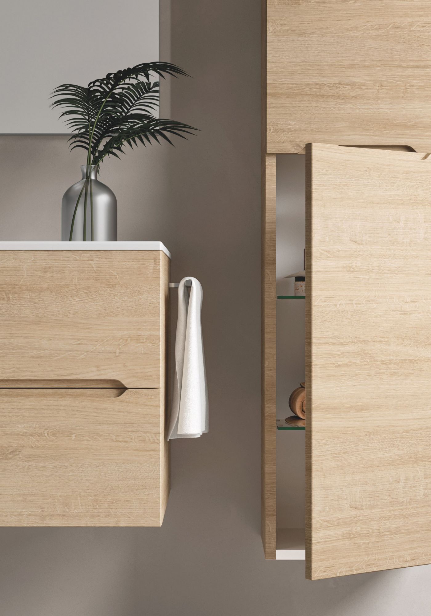 Smyle vanity unit in LB 004 wood finish with ceramic top and integrated twin basins, plus matching column cabinet.