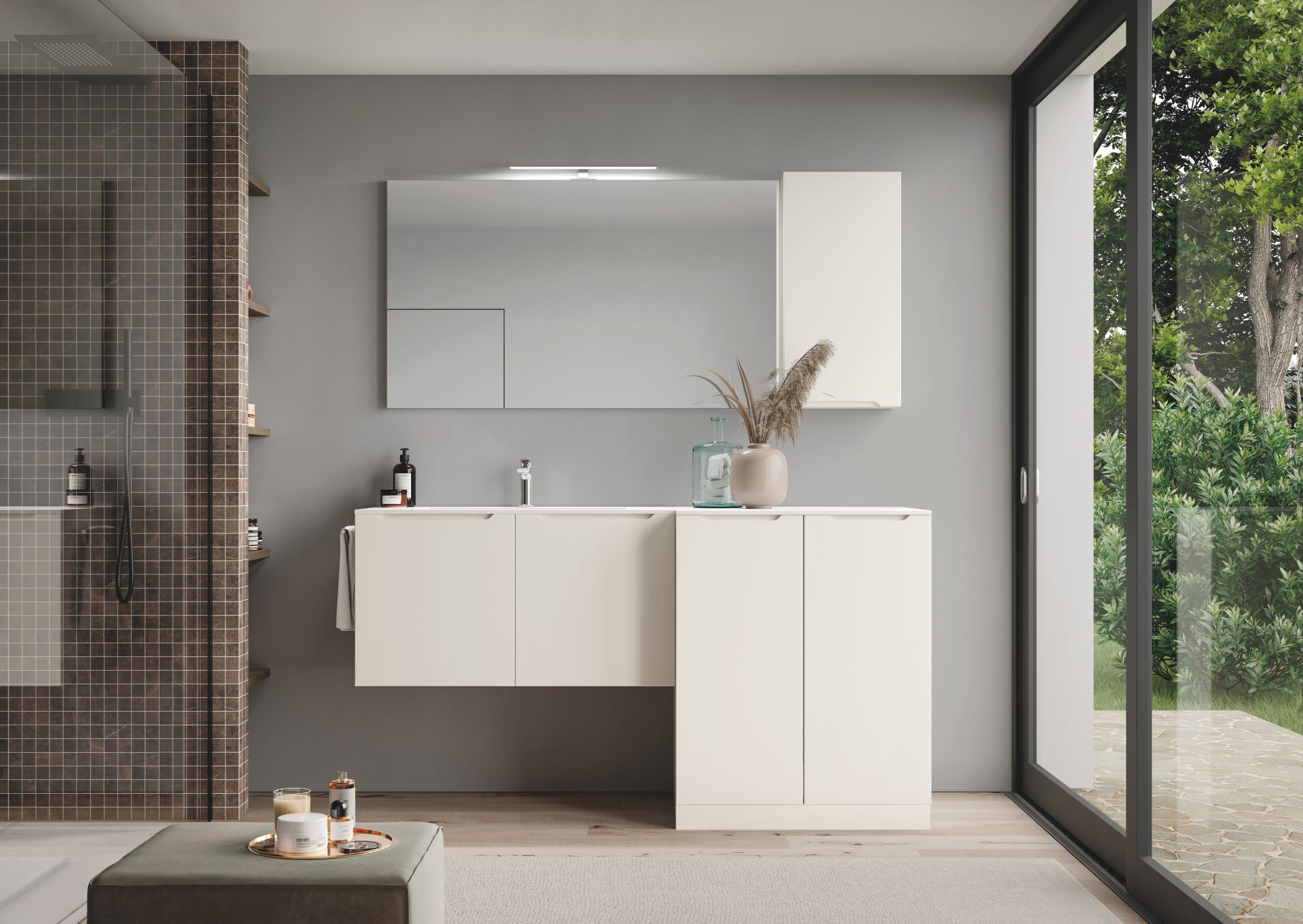 Smyle wall-hung vanity unit in Matt CB 001 finish with Matt Bianco Acritek top and integrated basin, plus matching floor-standing base unit.