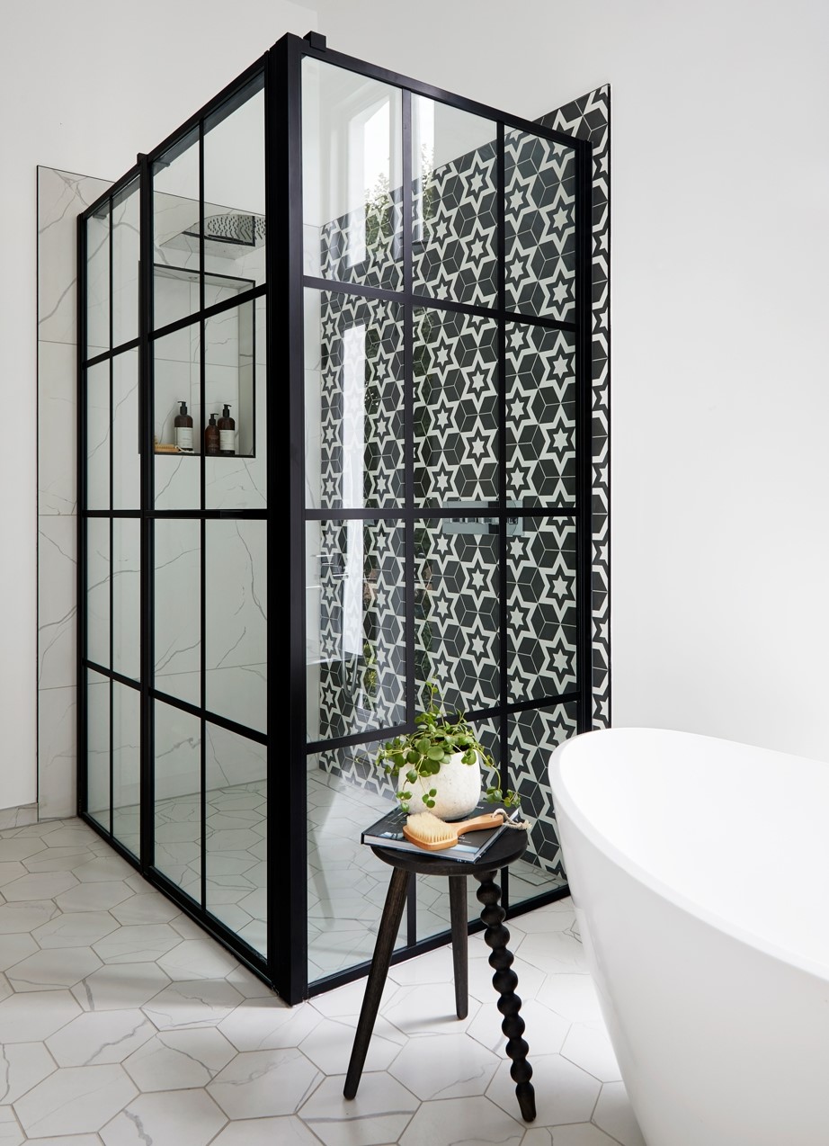 Victoria Rise Recent Project, featuring geometric and marble tiles and the Elter freestanding bath